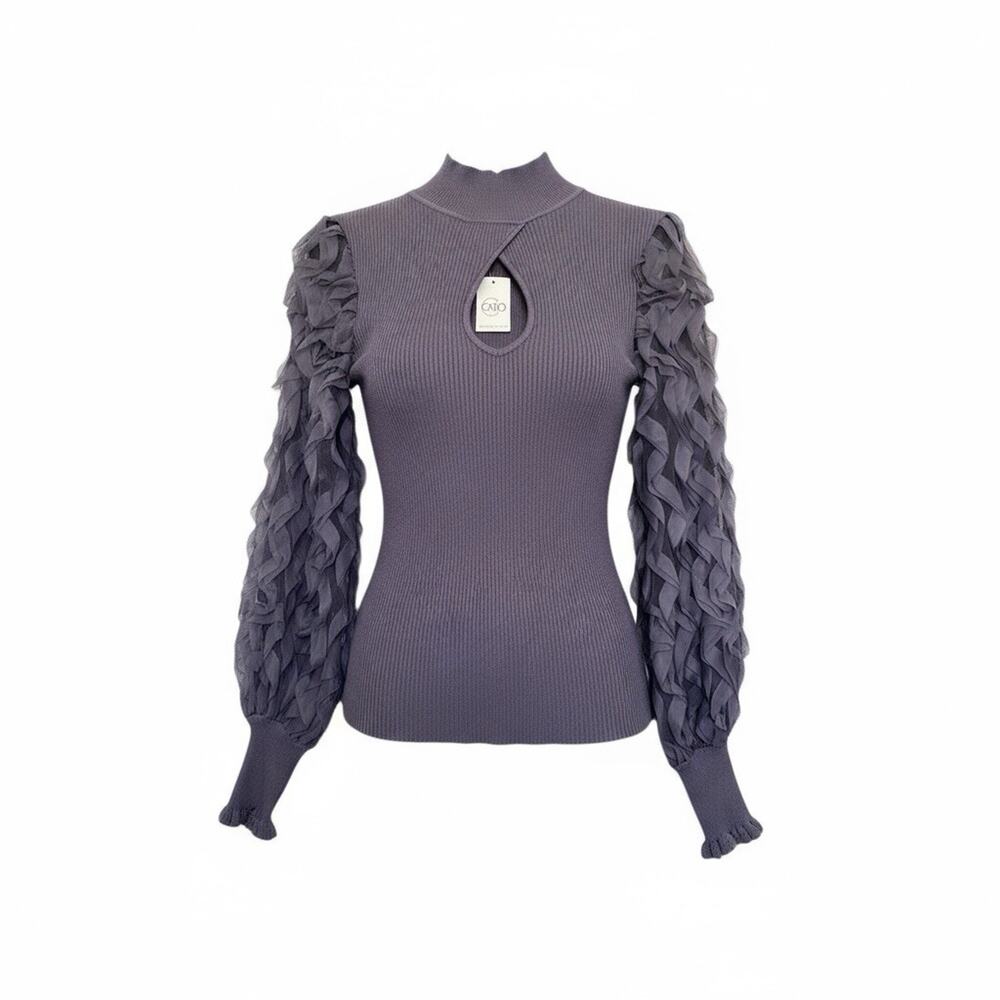 Cato brand purple ribbed knit sweater sheer ruffled sleeves Size M - Picture 3 of 8